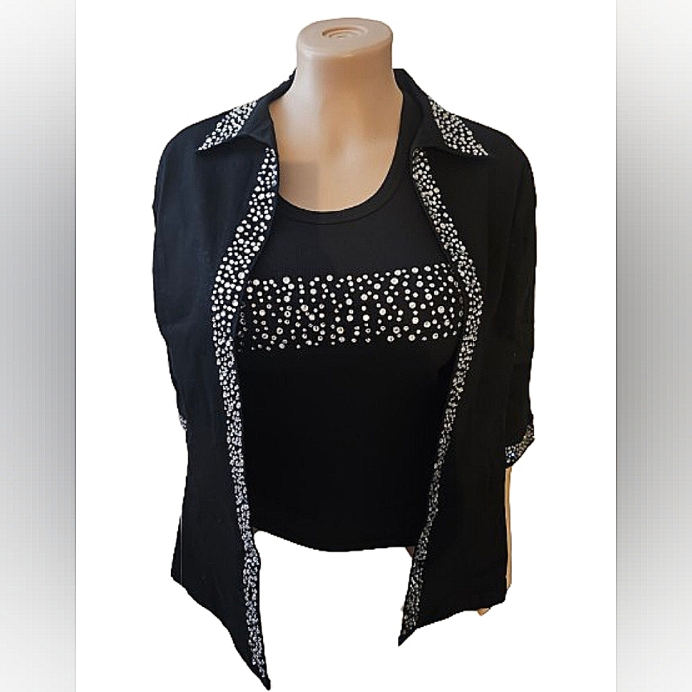 Black Cotton, Rhinestone Shacket and Tank Top Set size L/XL